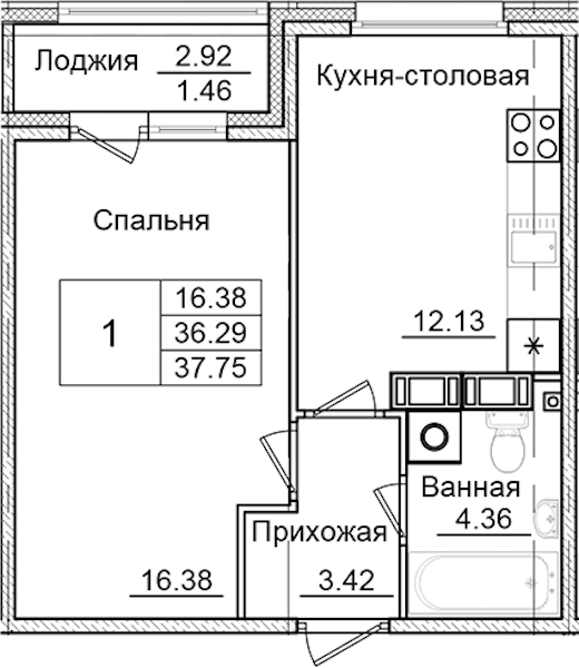 1-комнатная квартира 37.75 м², 2/9 эт., ЖК «Квартал Заречье»